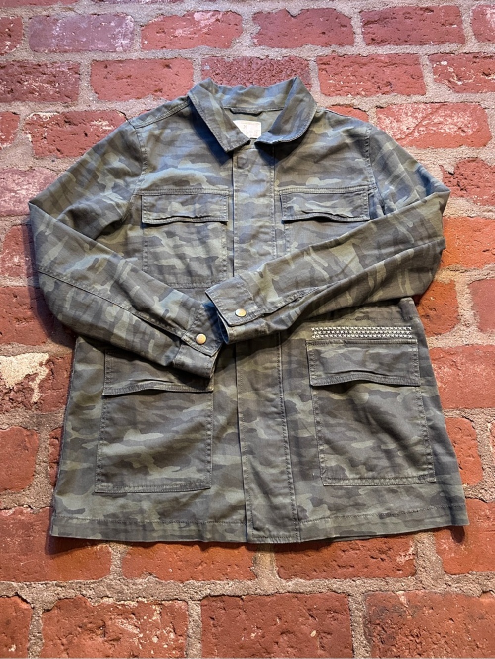 Caslon Women's Large Metallic Stretch Utility Jacket Olive Green Camo